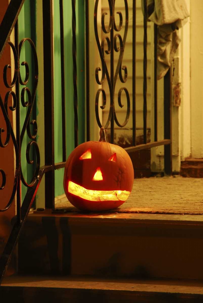 OR, Portland Lighted jack-o-lantern on porch